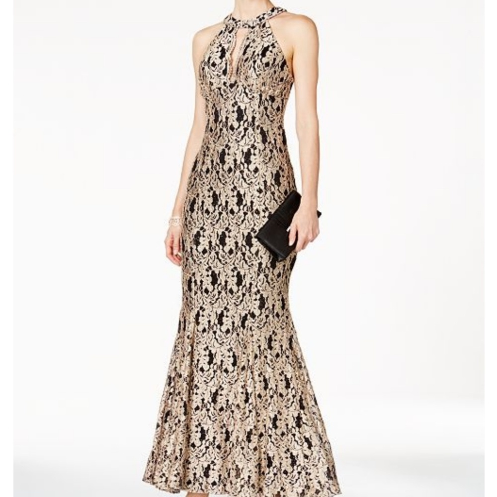 Nightway Keyhole Mermaid Halter Gown Dress